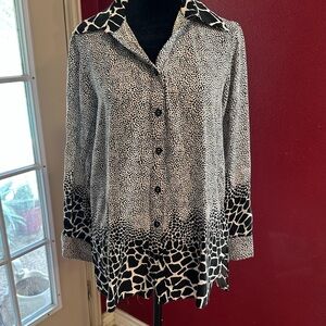 Mishca Women’s Black White Animal Print Button Front Rayon Blouse Top L